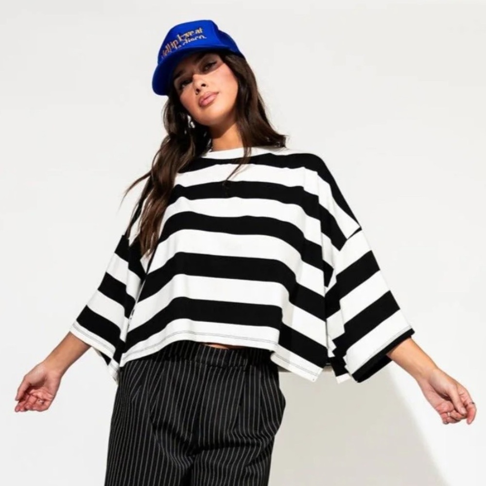 Dress in LALA Ozzy Black and White Striped Oversized Tee